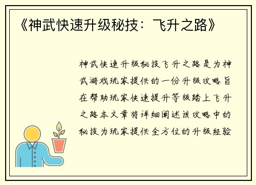 《神武快速升级秘技：飞升之路》