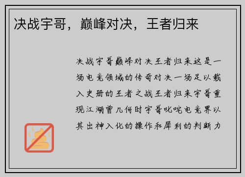 决战宇哥，巅峰对决，王者归来