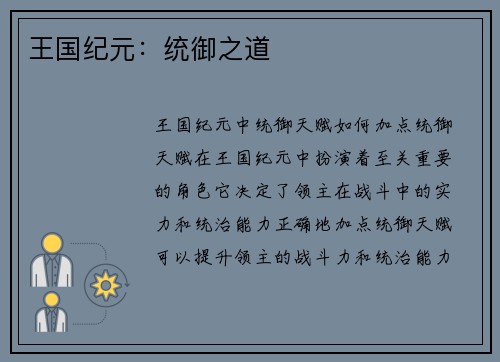 王国纪元：统御之道